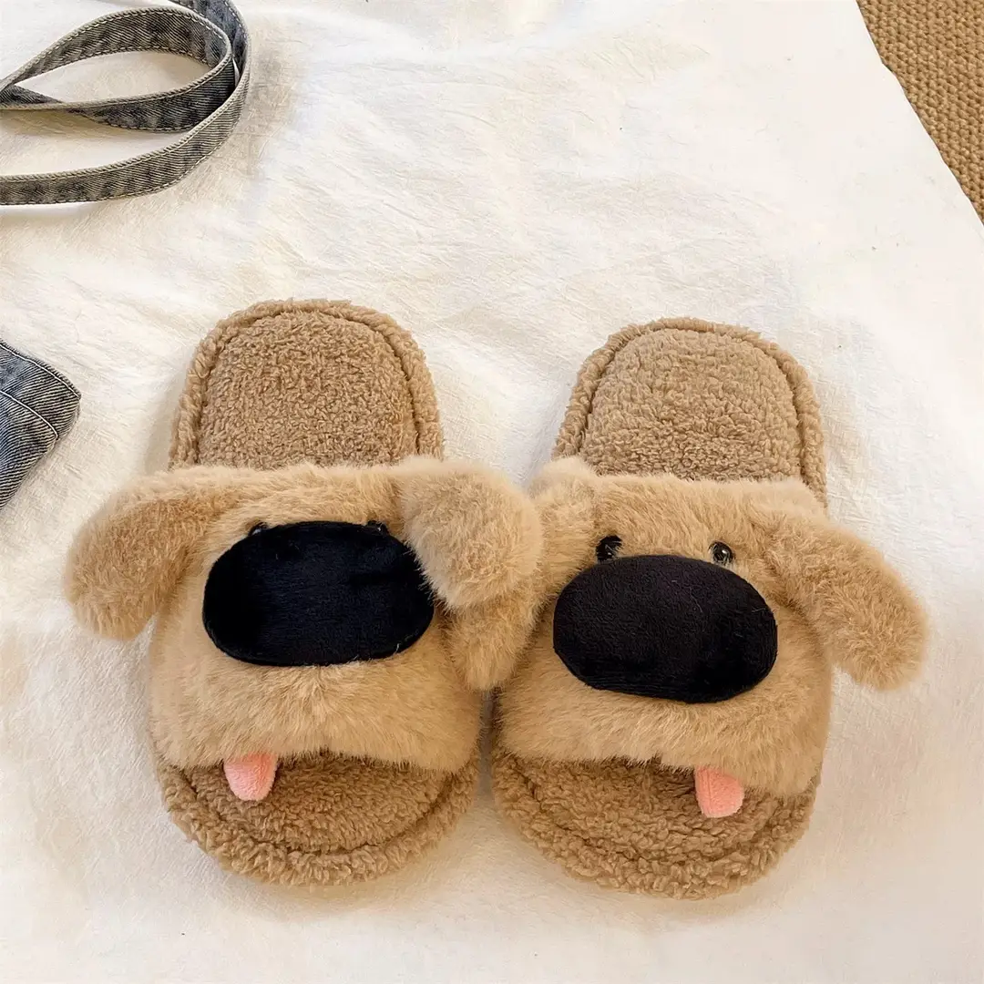Furry Slippers for Women to Wear in Winter, Cute Big-Nosed Puppy Non-Slip Slippers for Home and Indoor Warm Cotton Slippers - Image 5