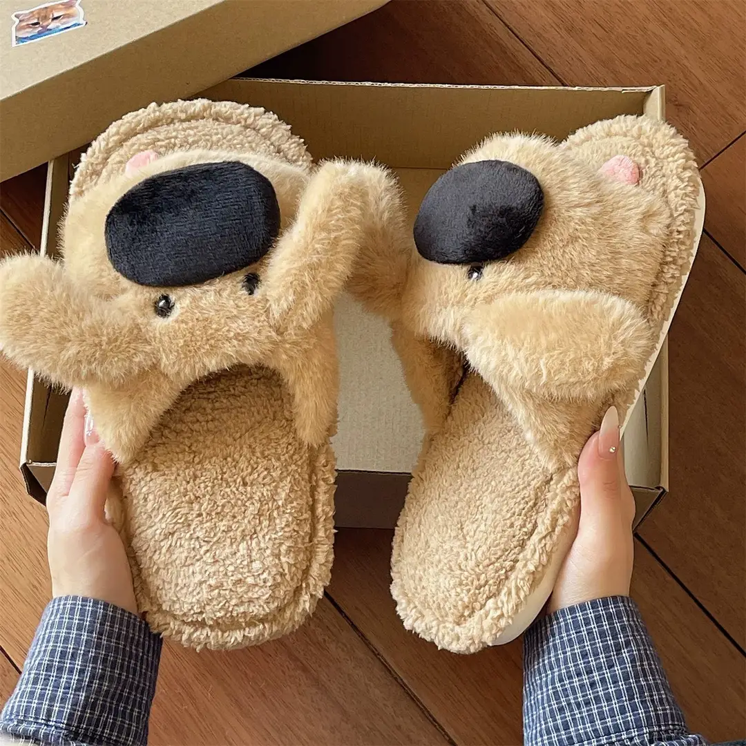 Furry Slippers for Women to Wear in Winter, Cute Big-Nosed Puppy Non-Slip Slippers for Home and Indoor Warm Cotton Slippers - Image 6