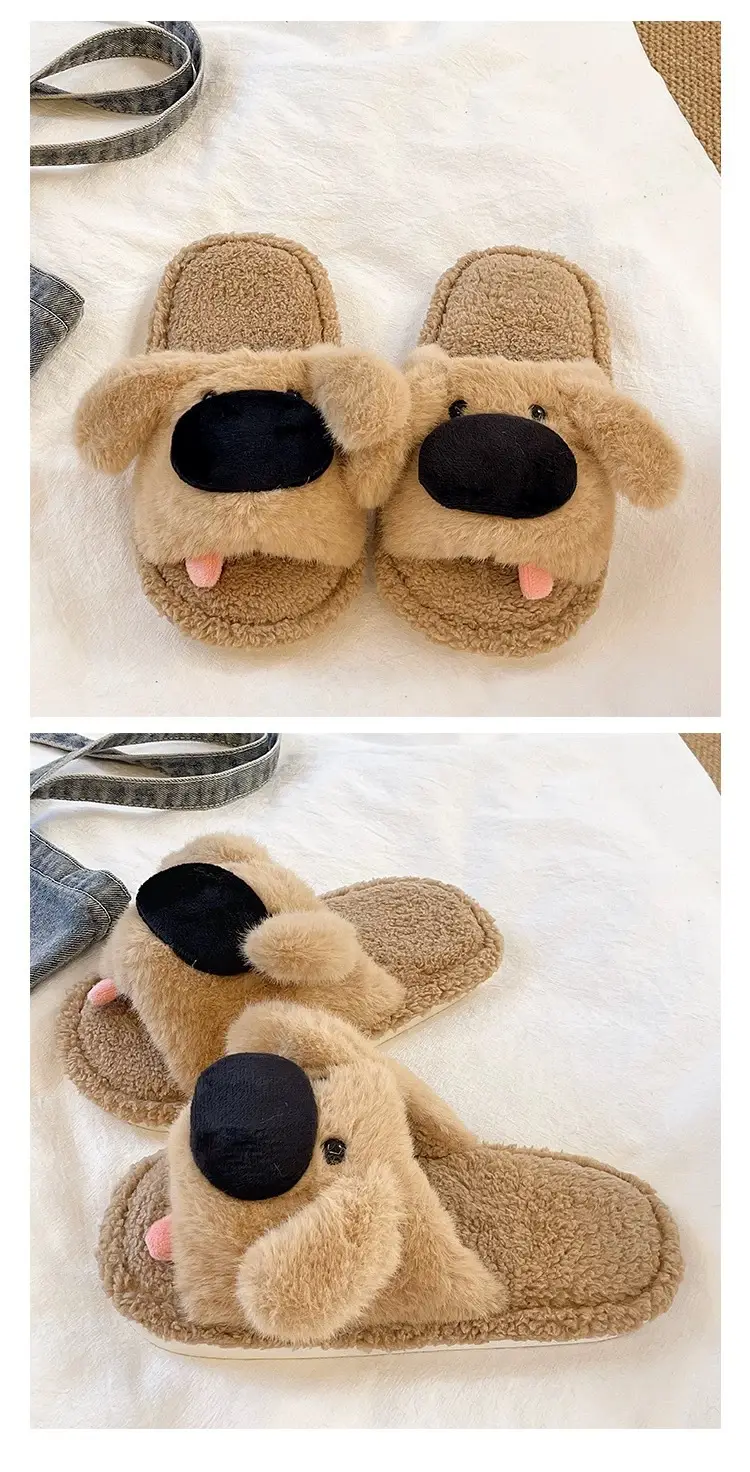Furry Slippers for Women to Wear in Winter, Cute Big-Nosed Puppy Non-Slip Slippers for Home and Indoor Warm Cotton Slippers — feature 4