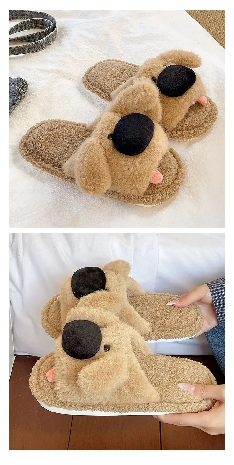 Furry Slippers for Women to Wear in Winter, Cute Big-Nosed Puppy Non-Slip Slippers for Home and Indoor Warm Cotton Slippers — feature 5