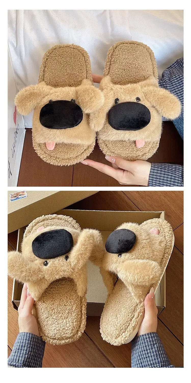 Furry Slippers for Women to Wear in Winter, Cute Big-Nosed Puppy Non-Slip Slippers for Home and Indoor Warm Cotton Slippers — feature 6