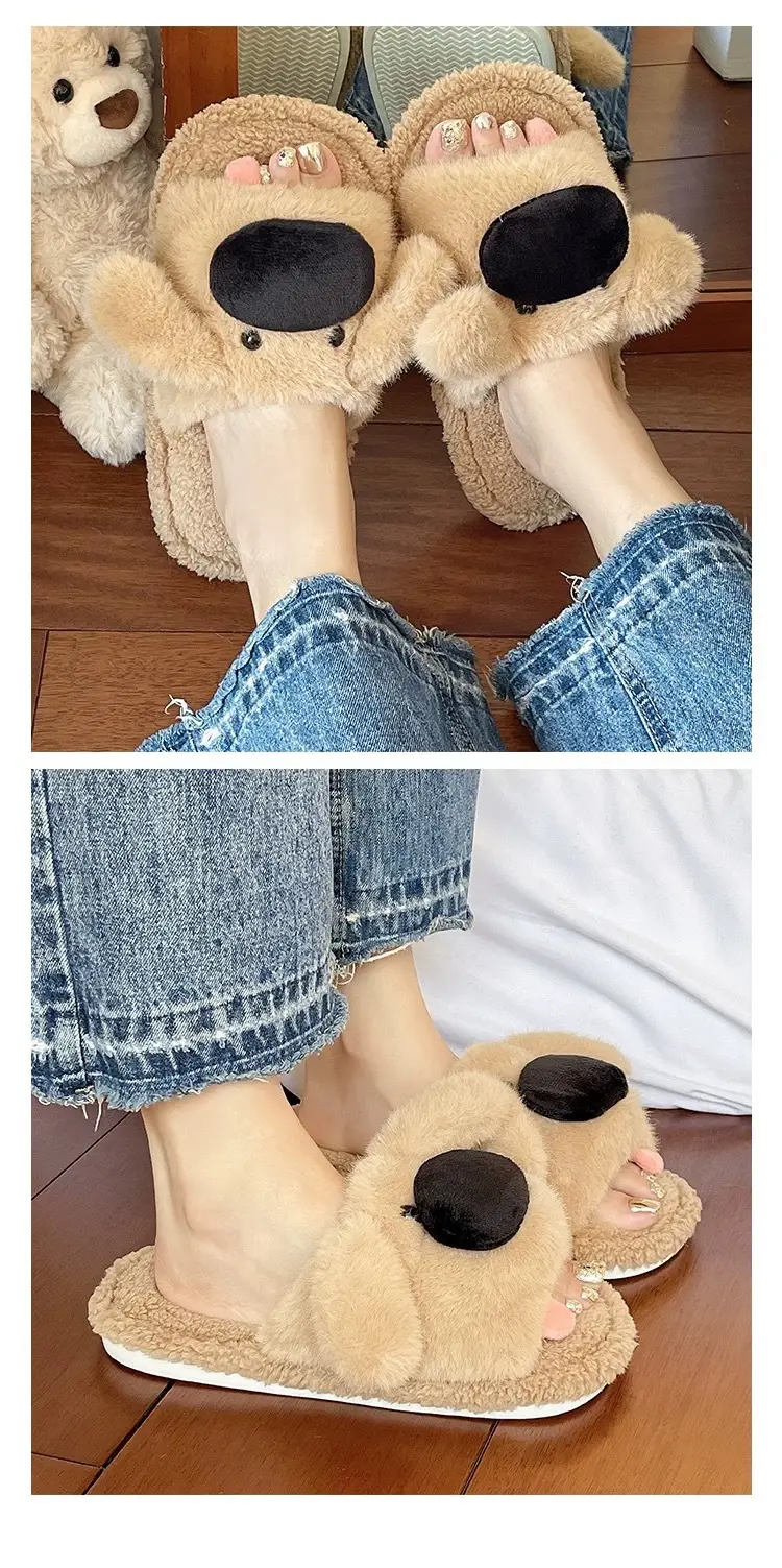 Furry Slippers for Women to Wear in Winter, Cute Big-Nosed Puppy Non-Slip Slippers for Home and Indoor Warm Cotton Slippers — feature 7