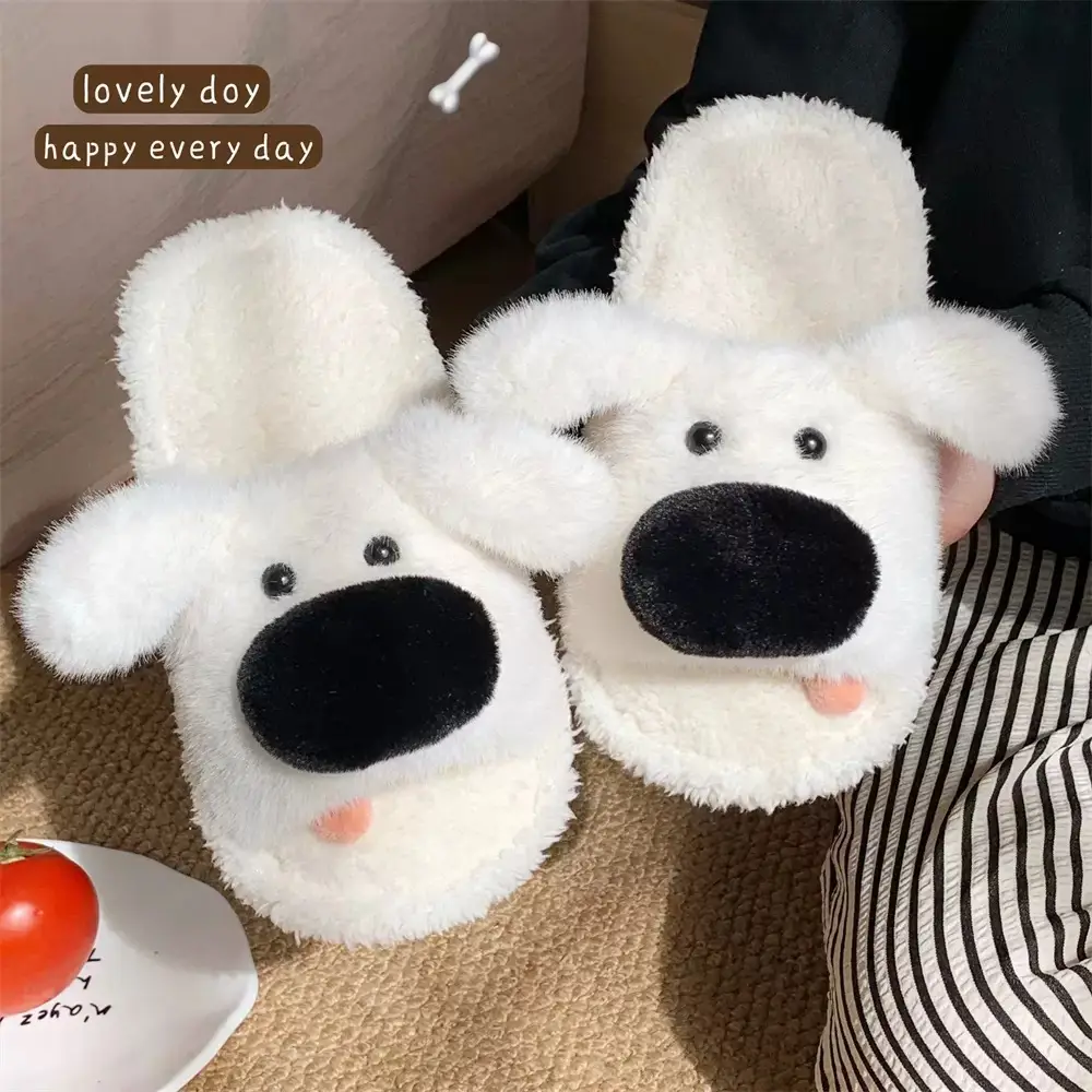 Furry Slippers for Women to Wear in Winter, Cute Big-Nosed Puppy Non-Slip Slippers for Home and Indoor Warm Cotton Slippers - Image 2