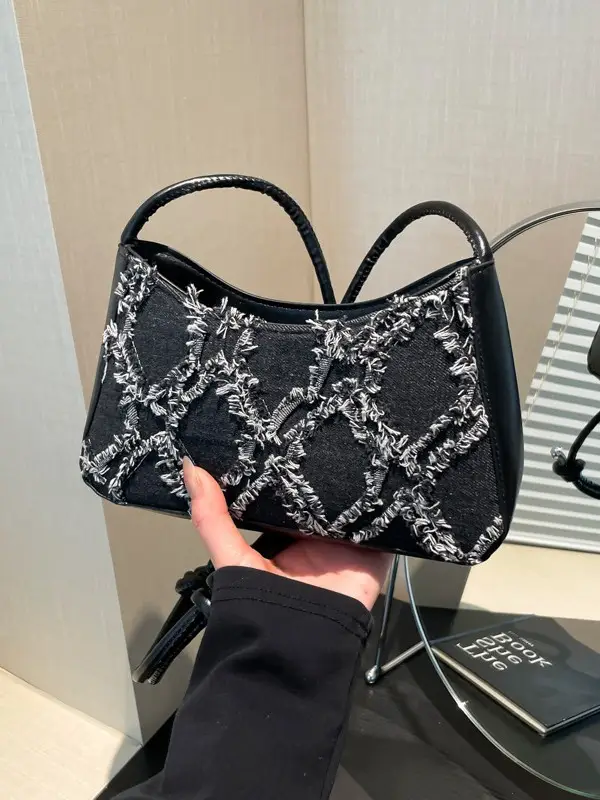 2026 Black Crescent Shoulder Bag with White Embroidery - Image 4