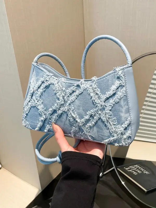 2026 Black Crescent Shoulder Bag with White Embroidery - Image 6