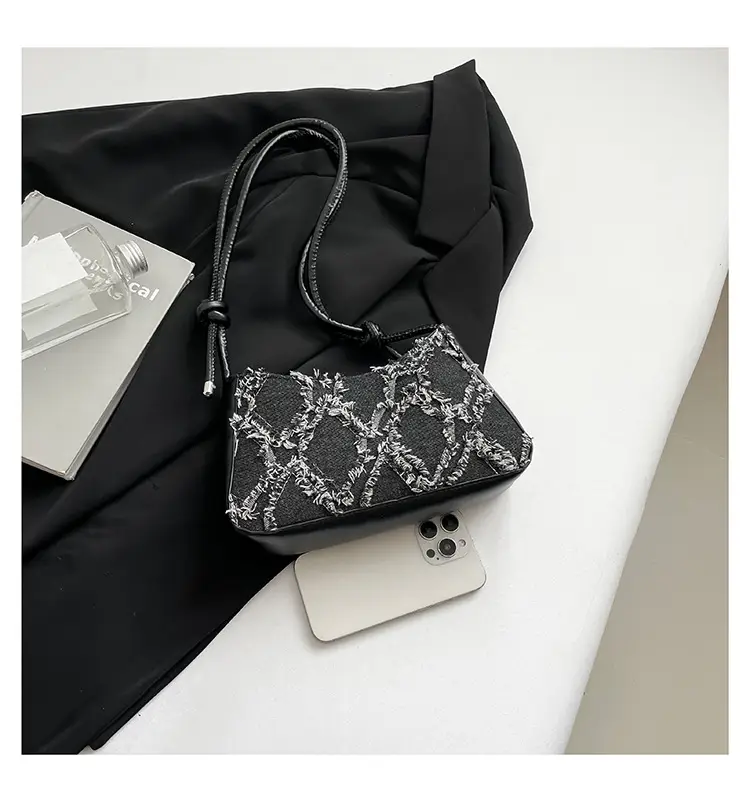 2026 Black Crescent Shoulder Bag with White Embroidery — feature 13