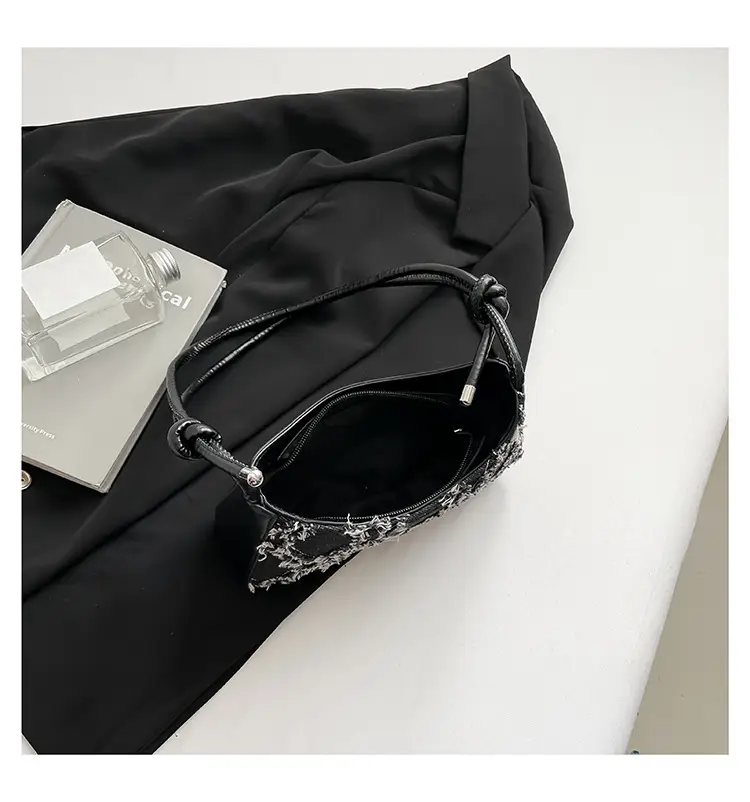 2026 Black Crescent Shoulder Bag with White Embroidery — feature 15