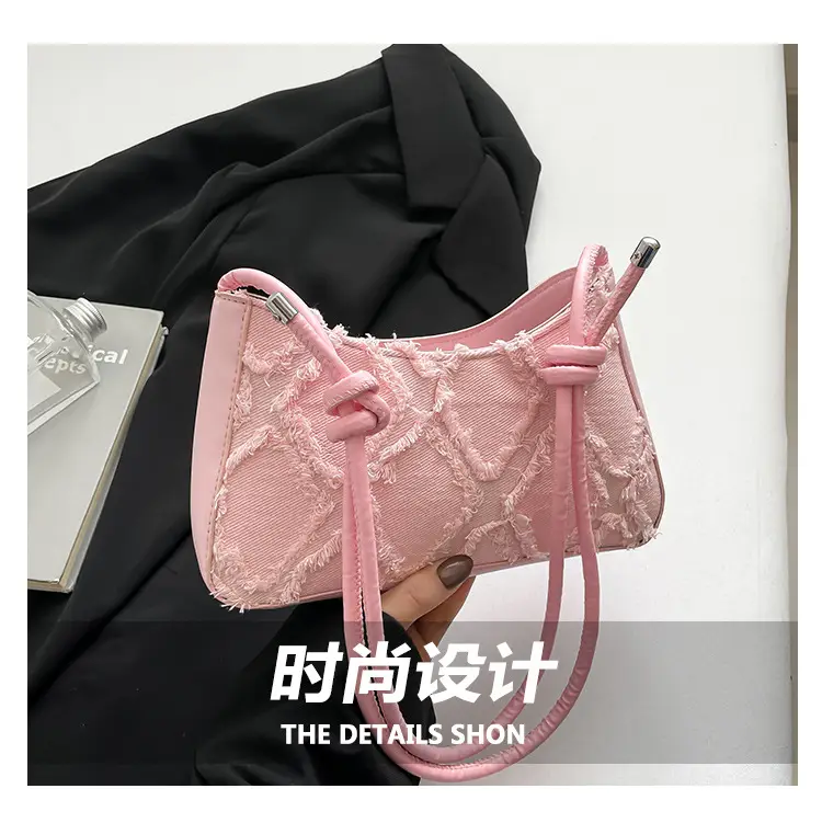 2026 Black Crescent Shoulder Bag with White Embroidery — feature 2