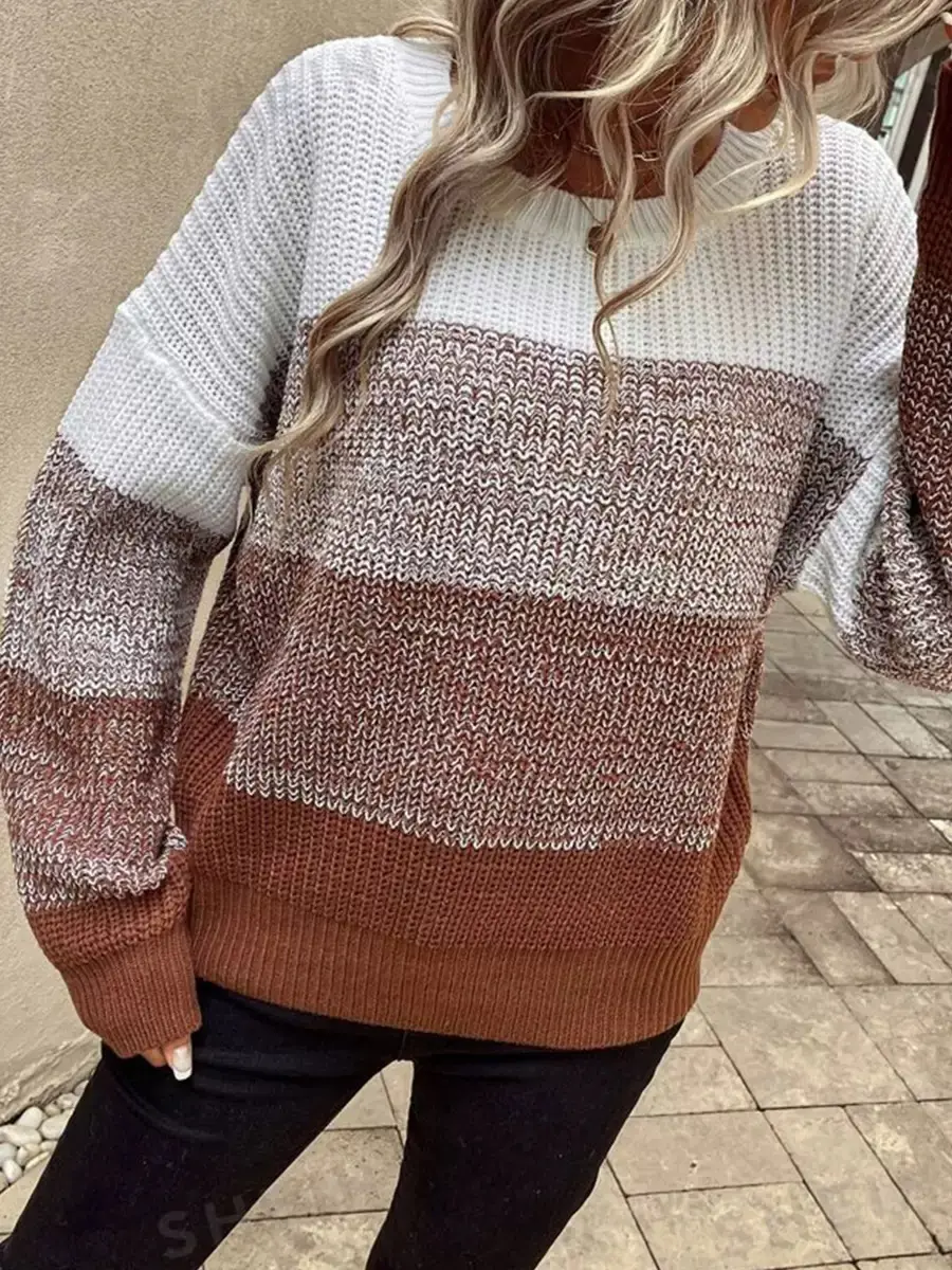 Women Knitted Crossbody Sweater White Brown Long Sleeve - Image 3