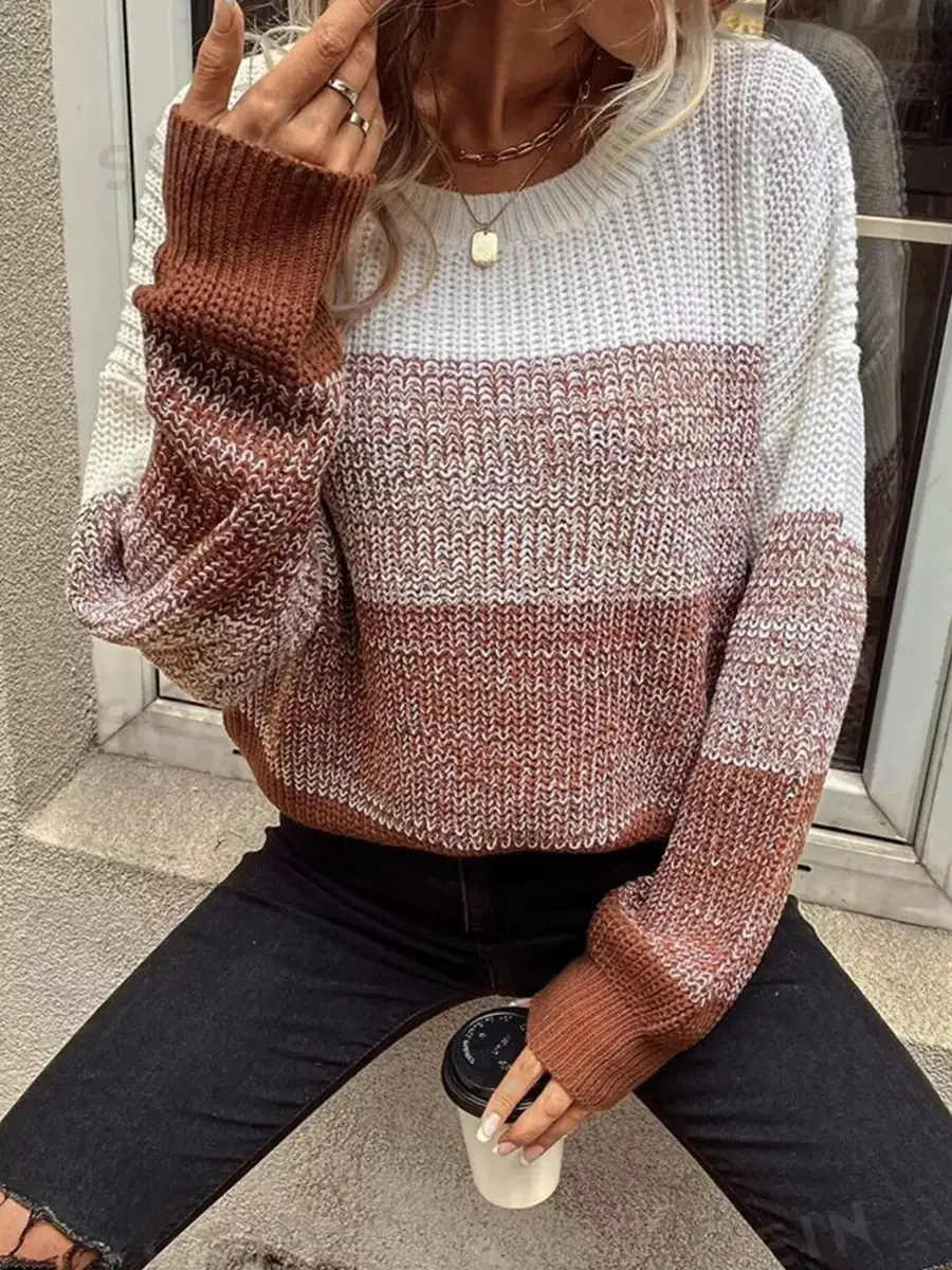 Women Knitted Crossbody Sweater White Brown Long Sleeve - Image 4