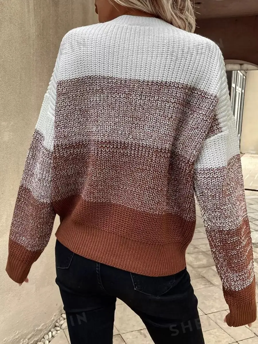 Women Knitted Crossbody Sweater White Brown Long Sleeve - Image 5