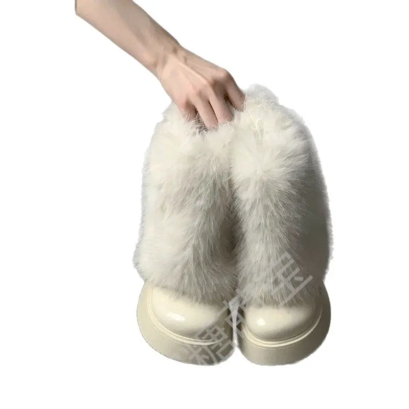 White Furry Fleece-Lined Snow Boots for Women Winter 2024