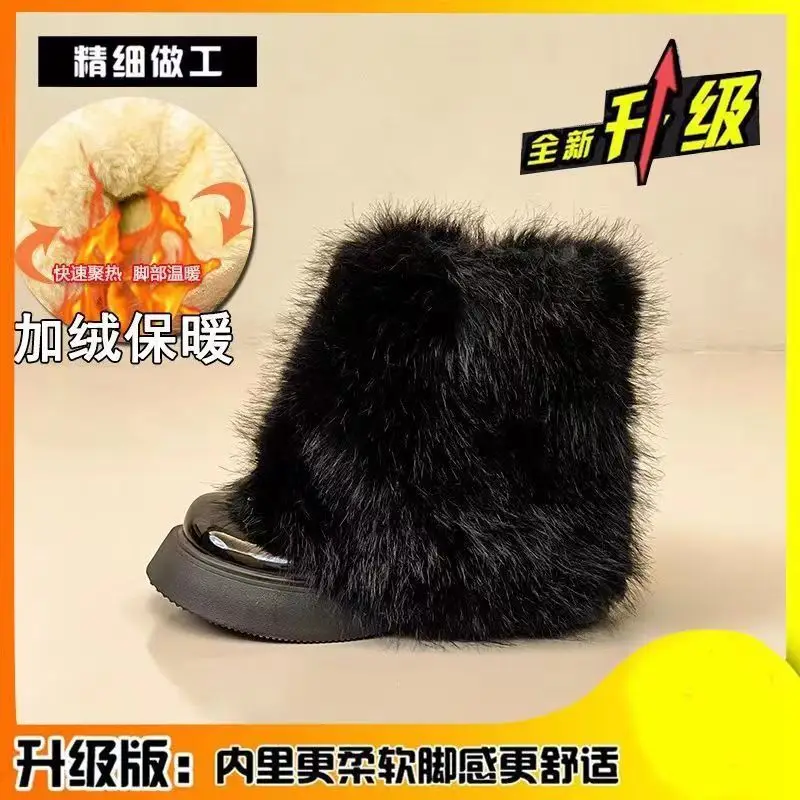 White Furry Fleece-Lined Snow Boots for Women Winter 2024