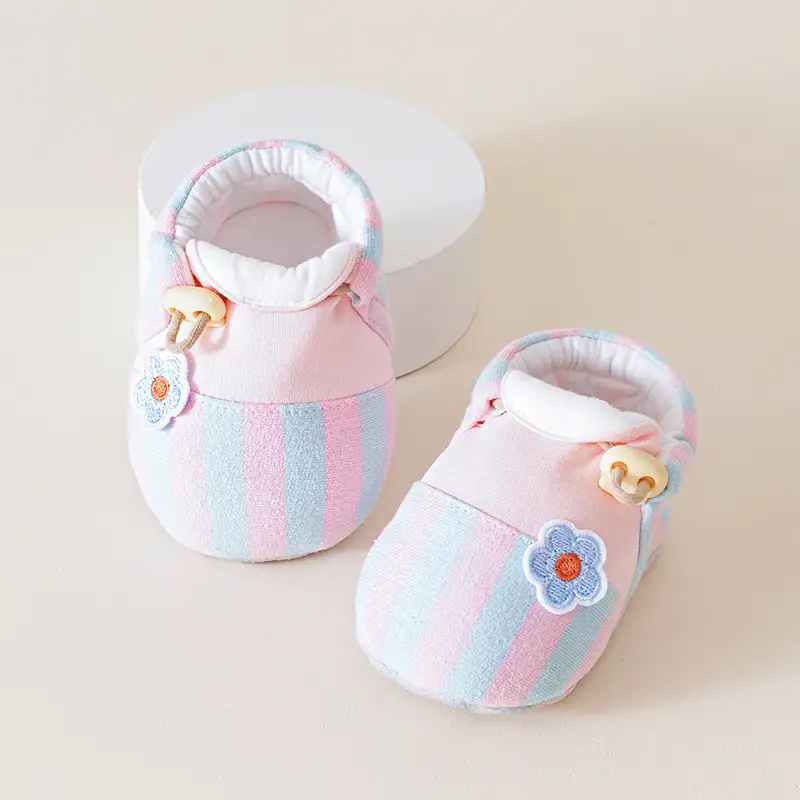Baby Cartoon Embroidered Cotton Shoes Pink Blue Striped Non-Slip