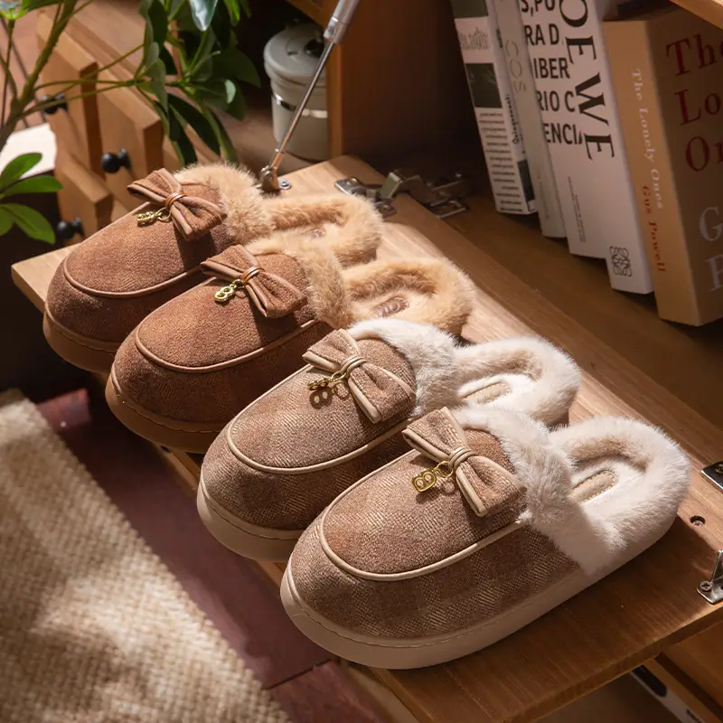 Thick-Soled Cotton Slippers for Women Winter 2025 New Indoor Home Non-Slip Warm Bow Plush Slippers for Women Winter - Image 5
