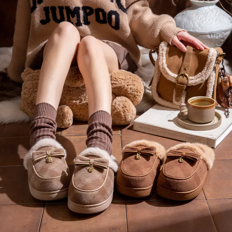 Thick-Soled Cotton Slippers for Women Winter 2025 New Indoor Home Non-Slip Warm Bow Plush Slippers for Women Winter - Image 7