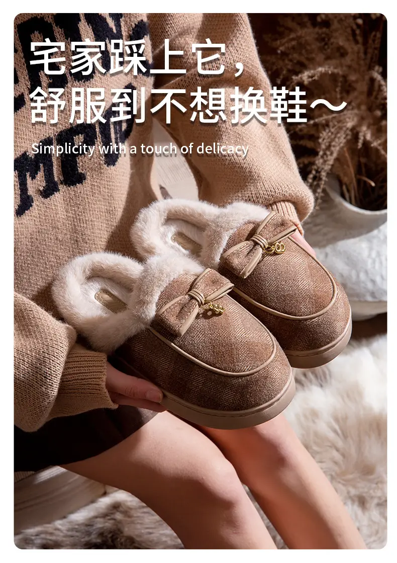 Thick-Soled Cotton Slippers for Women Winter 2025 New Indoor Home Non-Slip Warm Bow Plush Slippers for Women Winter — feature 2