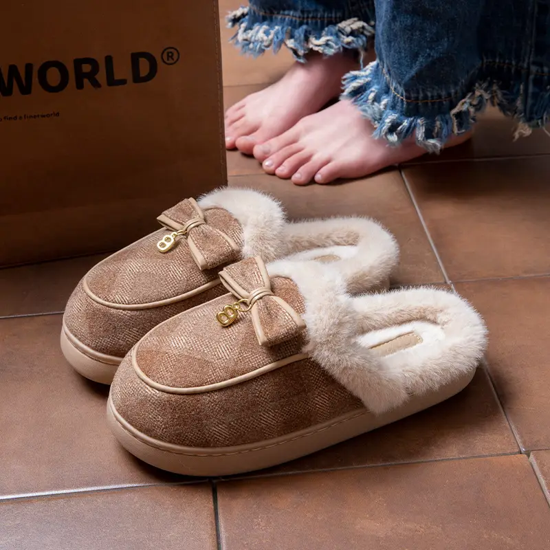 Thick-Soled Cotton Slippers for Women Winter 2025 New Indoor Home Non-Slip Warm Bow Plush Slippers for Women Winter - Image 2