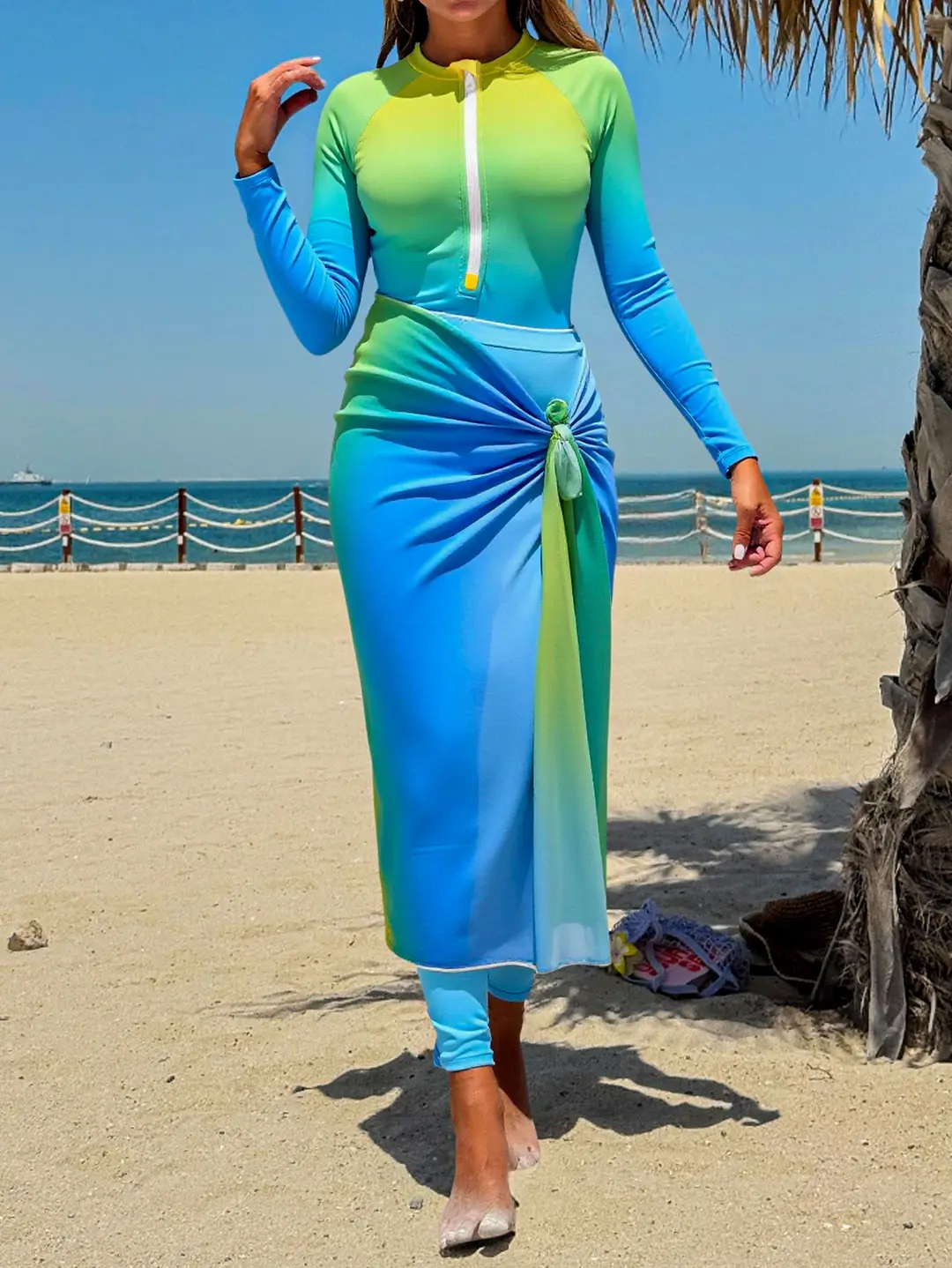 Women's Burkini Long Pants Mesh Skirt Swimsuit Set Casual Vacation Gradient Color Summer Beachwear