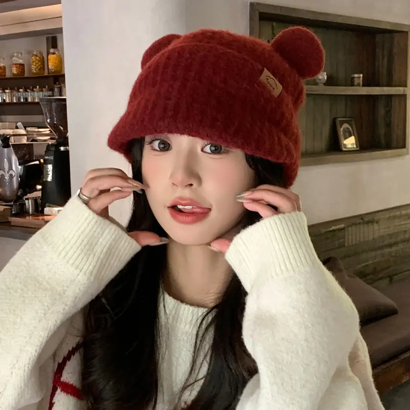 Women Bear Ears Knitted Wool Hat Winter Windproof - Image 9