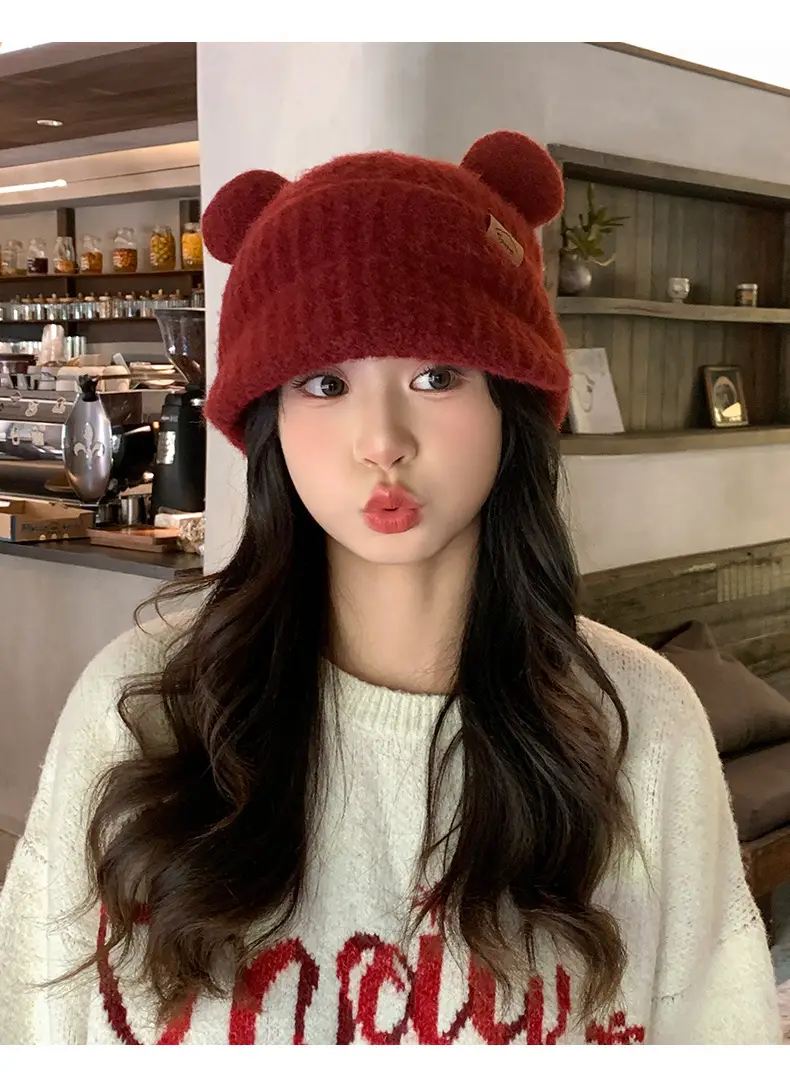 Women Bear Ears Knitted Wool Hat Winter Windproof — feature 10