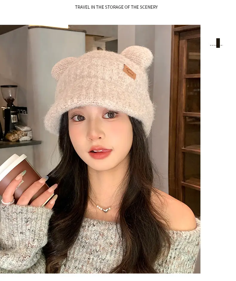 Women Bear Ears Knitted Wool Hat Winter Windproof — feature 11