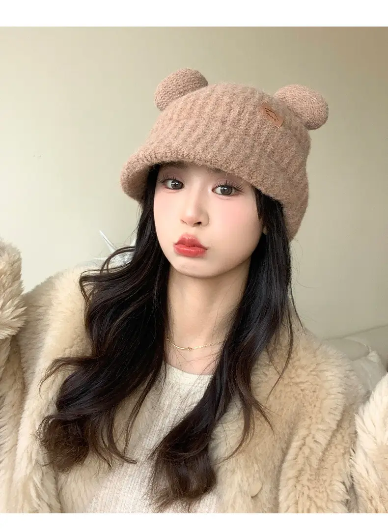 Women Bear Ears Knitted Wool Hat Winter Windproof — feature 14
