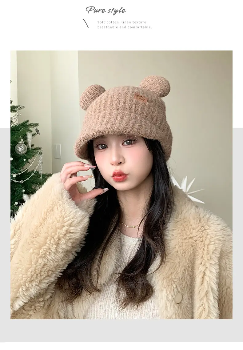 Women Bear Ears Knitted Wool Hat Winter Windproof — feature 15