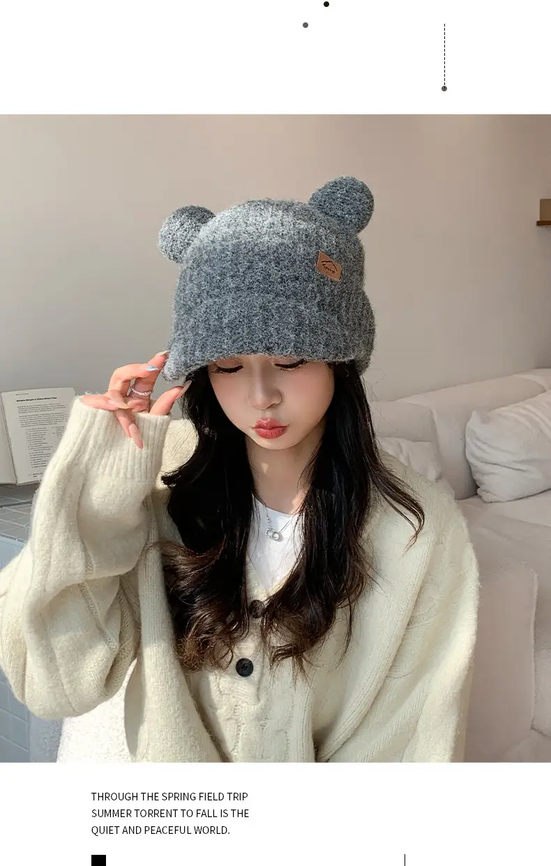 Women Bear Ears Knitted Wool Hat Winter Windproof — feature 21