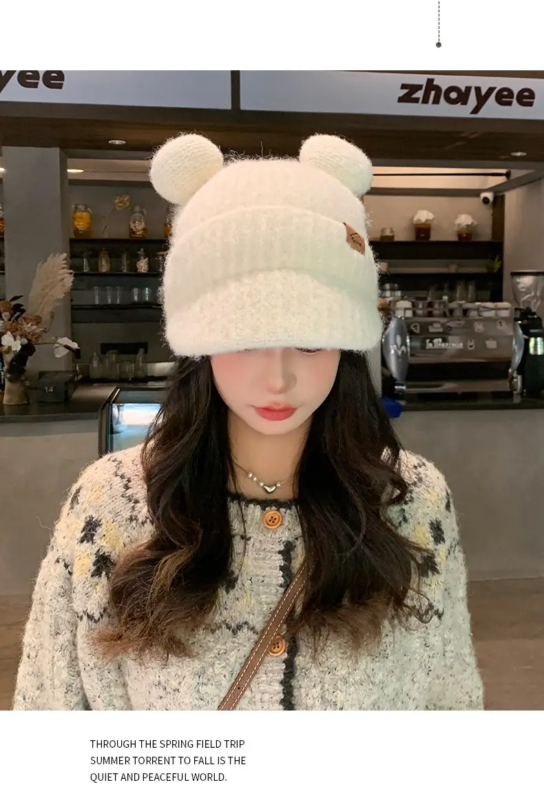 Women Bear Ears Knitted Wool Hat Winter Windproof — feature 6