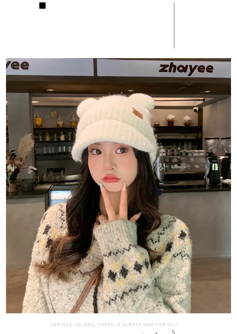 Women Bear Ears Knitted Wool Hat Winter Windproof — feature 7