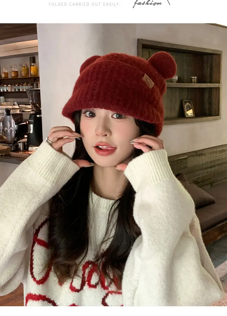 Women Bear Ears Knitted Wool Hat Winter Windproof — feature 8