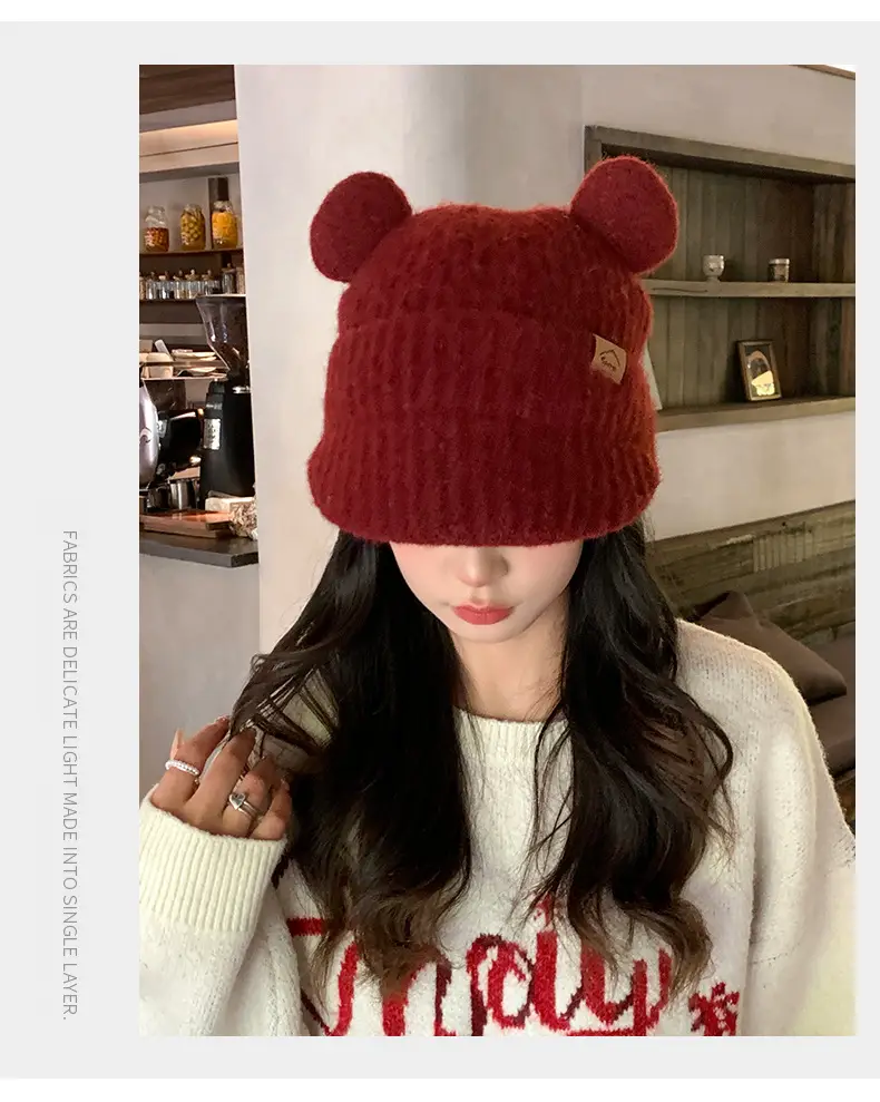 Women Bear Ears Knitted Wool Hat Winter Windproof — feature 9