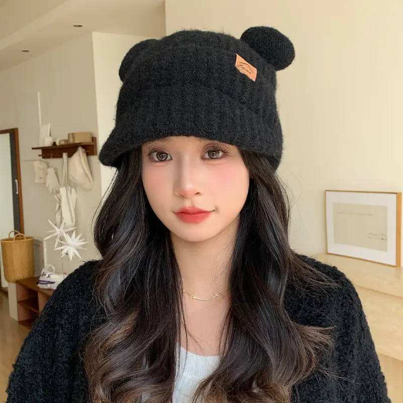 Women Bear Ears Knitted Wool Hat Winter Windproof - Image 2