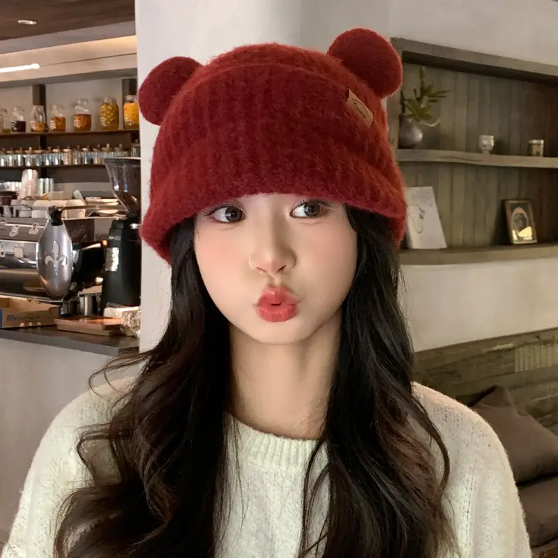 Women Bear Ears Knitted Wool Hat Winter Windproof - Image 3