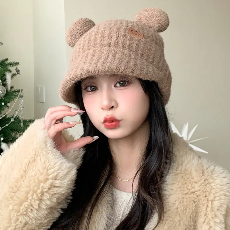 Women Bear Ears Knitted Wool Hat Winter Windproof - Image 5