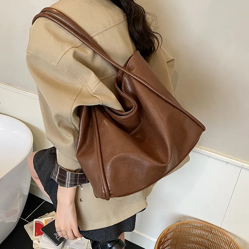 Women Large Capacity Leather Tote Bag Brown 2025 - Image 9