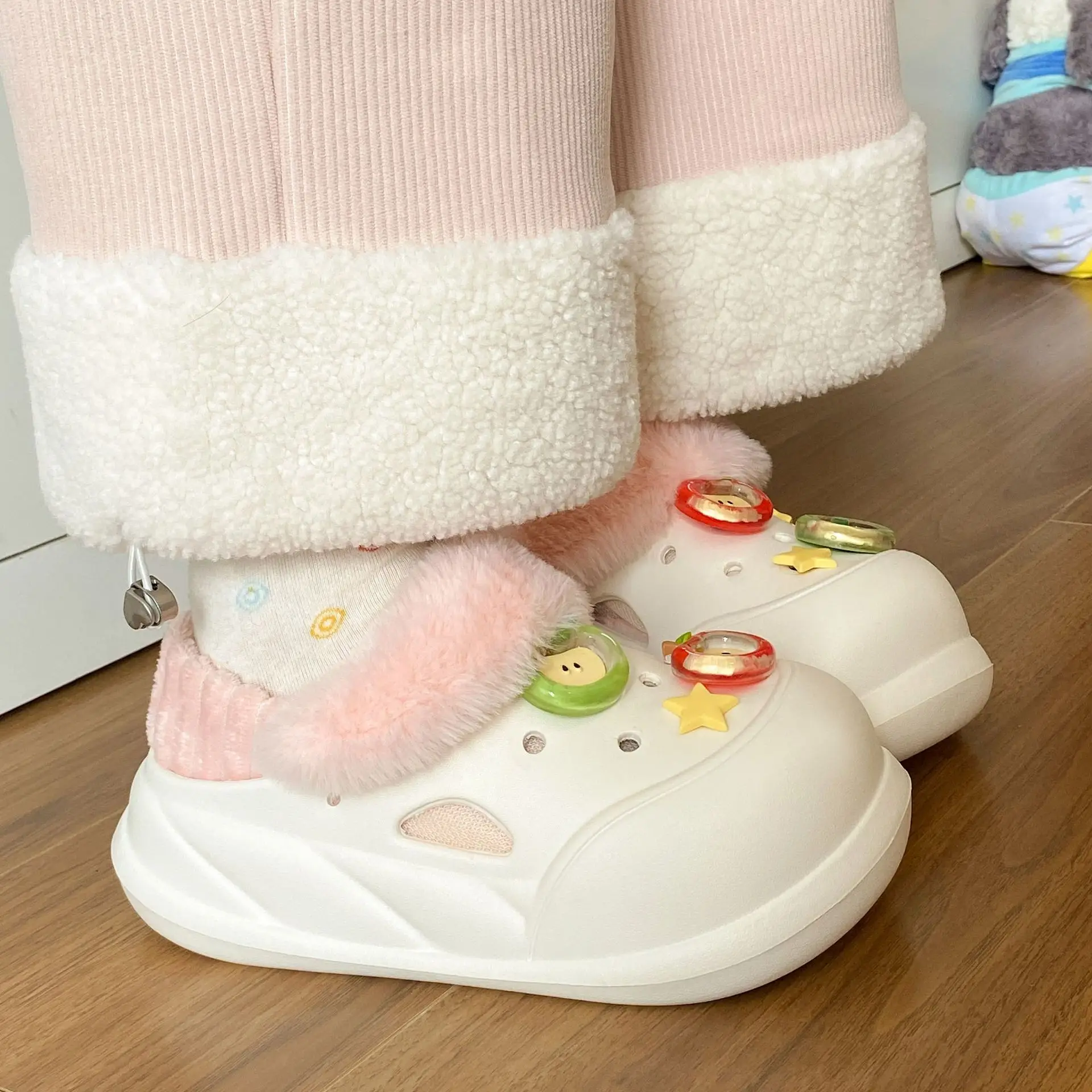 Black Cartoon Slippers with White Fur Trim for Women - Image 5