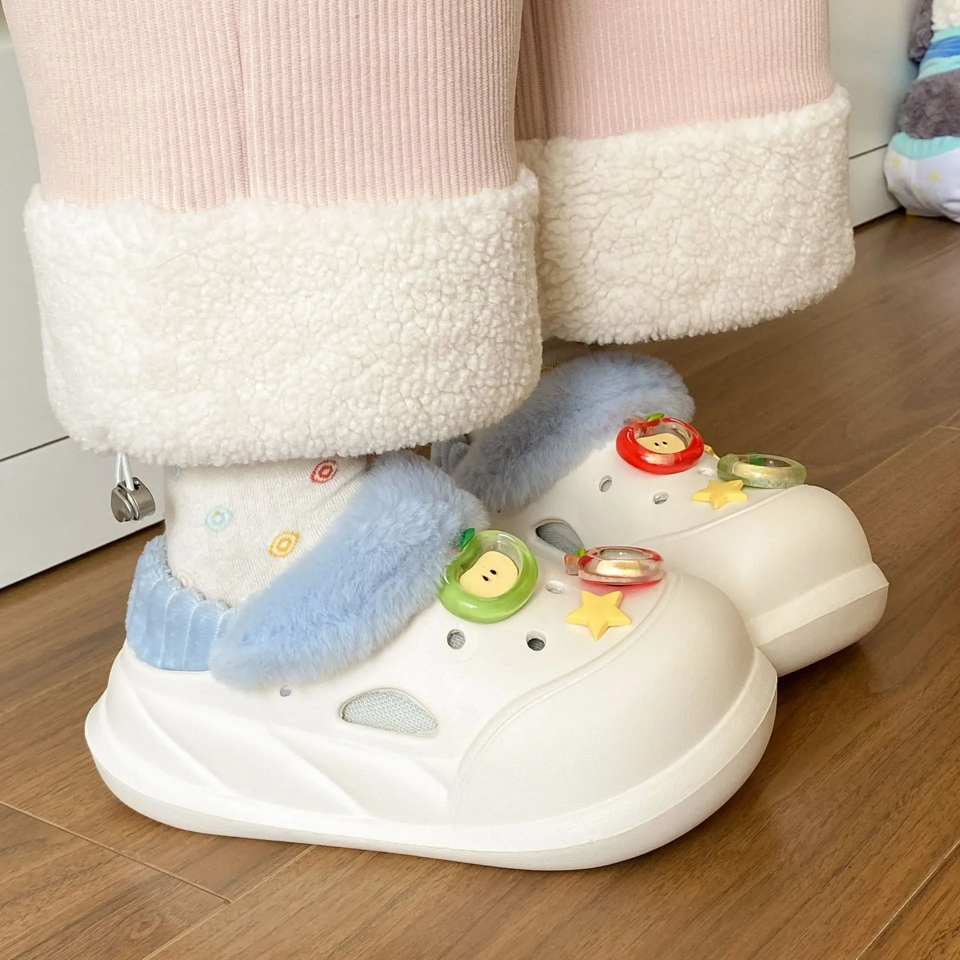 Black Cartoon Slippers with White Fur Trim for Women - Image 6