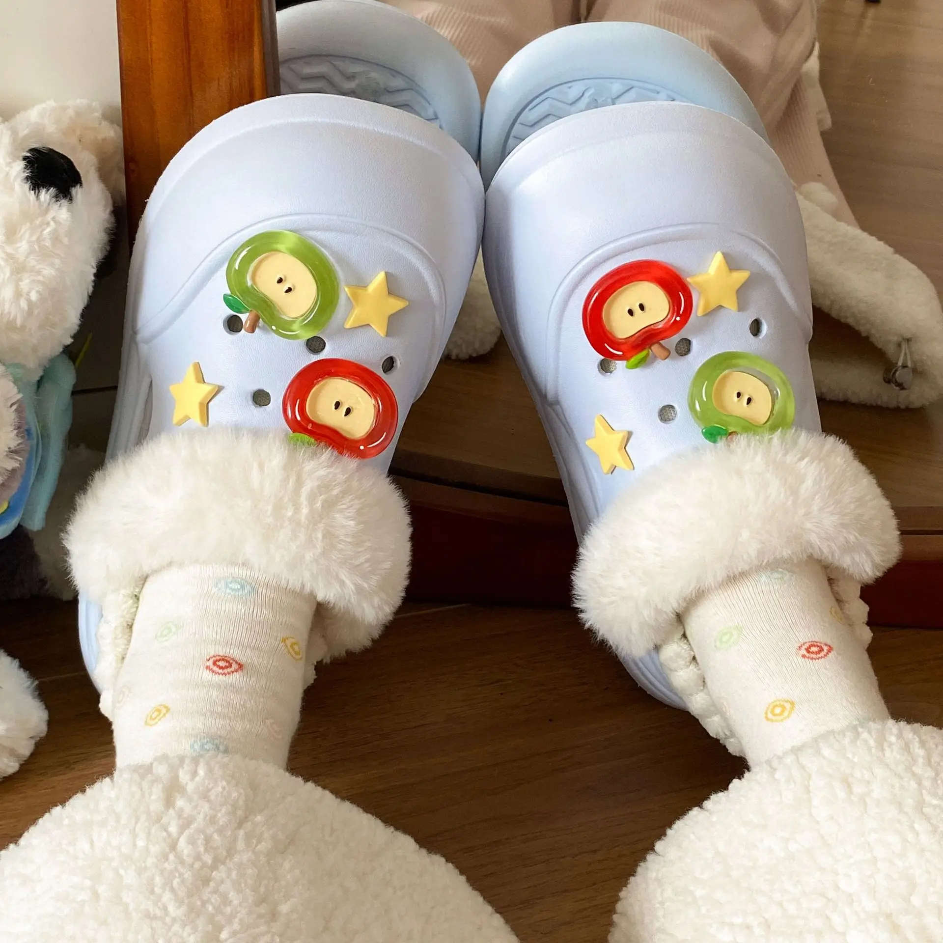 Black Cartoon Slippers with White Fur Trim for Women - Image 7