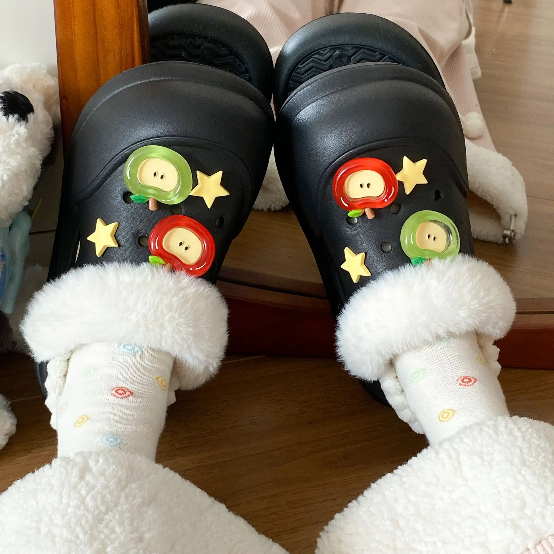Black Cartoon Slippers with White Fur Trim for Women - Image 8