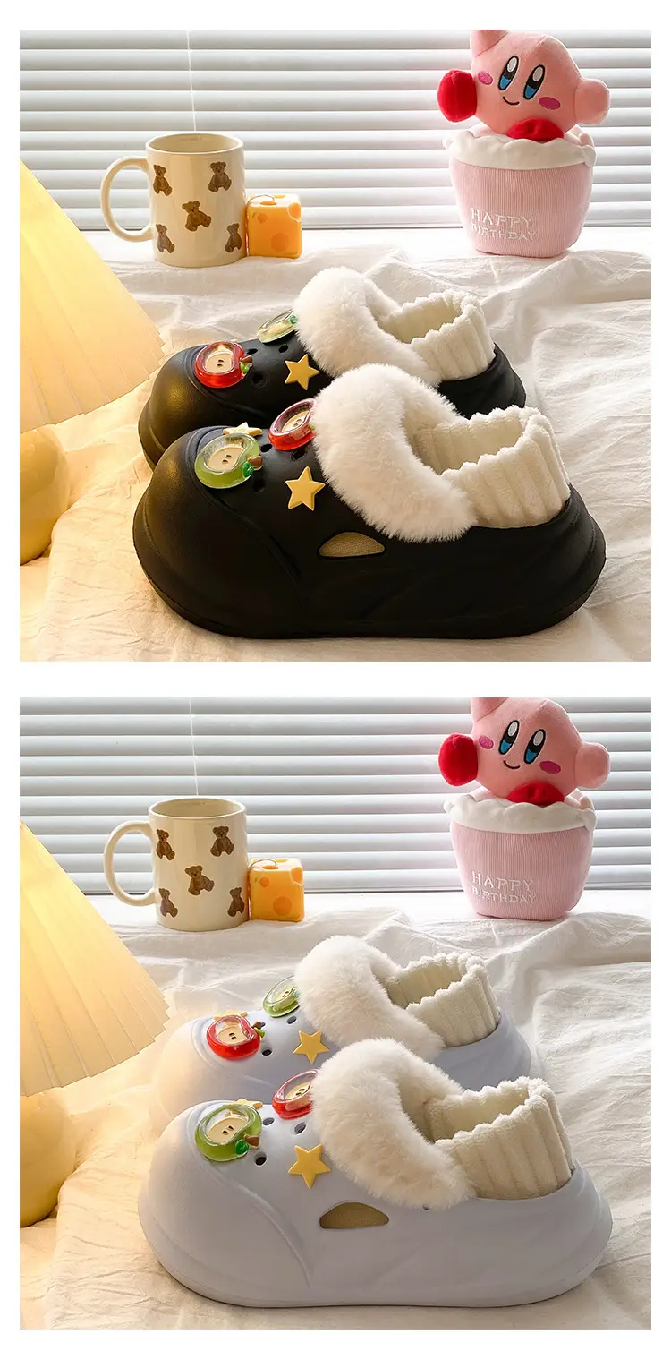Black Cartoon Slippers with White Fur Trim for Women — feature 13