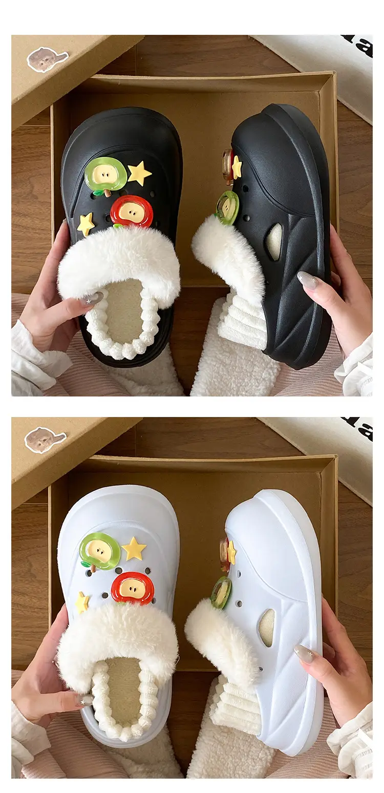 Black Cartoon Slippers with White Fur Trim for Women — feature 17