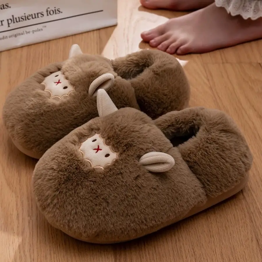 Winter Cute Lamb Plush Slippers for Women Brown - Image 3