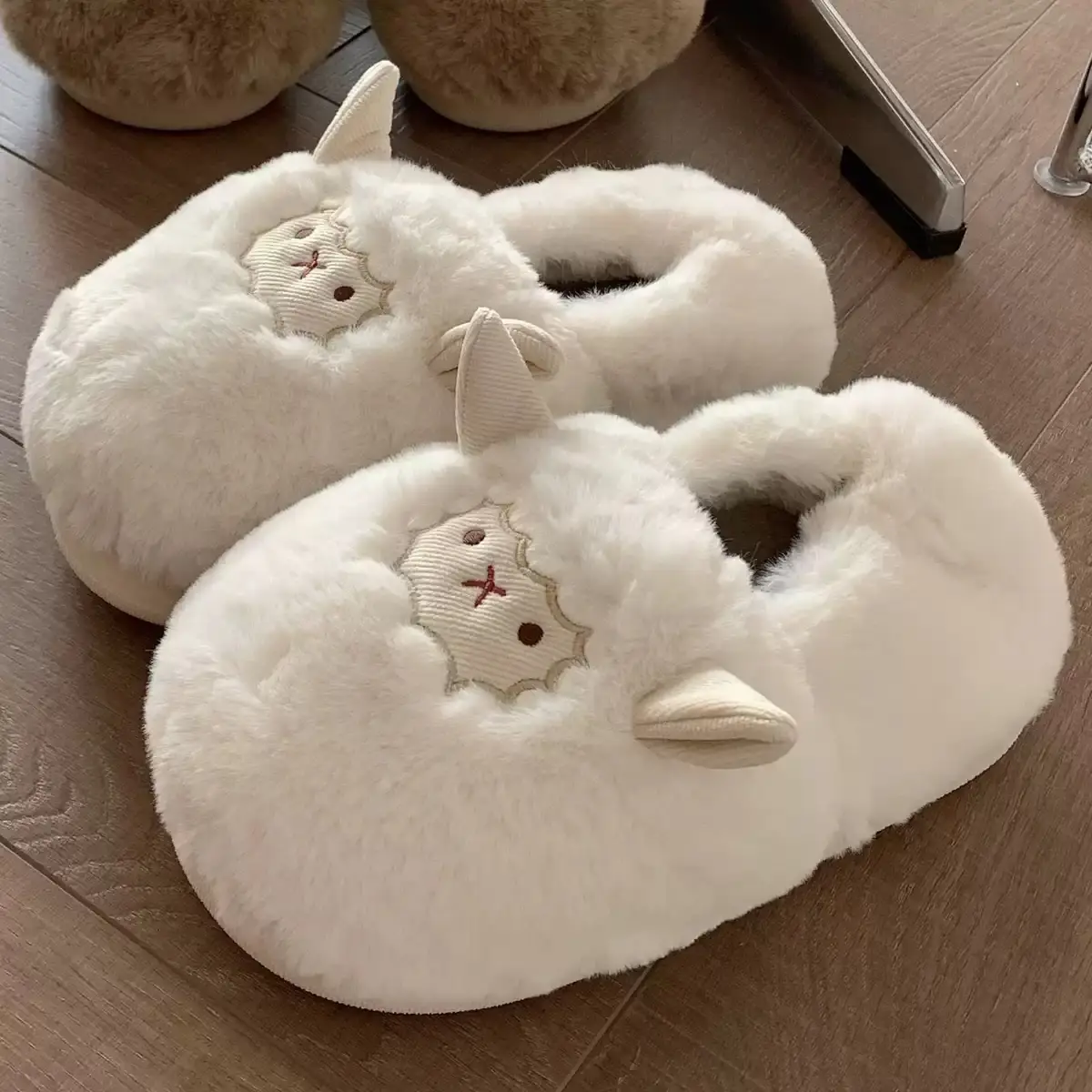 Winter Cute Lamb Plush Slippers for Women Brown