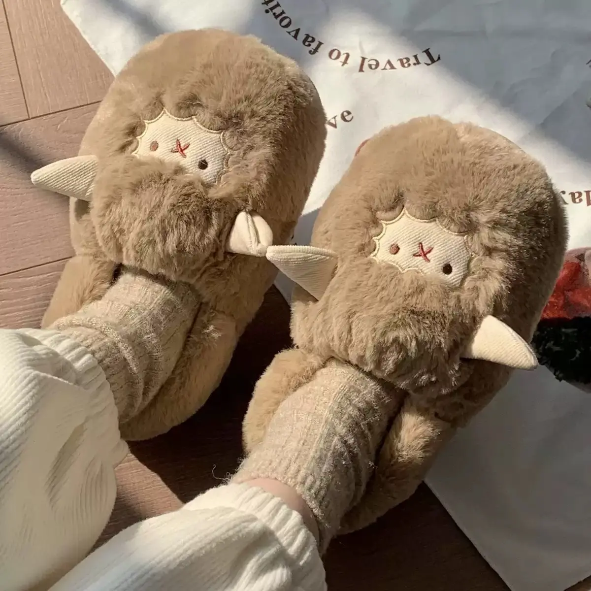 Winter Cute Lamb Plush Slippers for Women Brown - Image 2