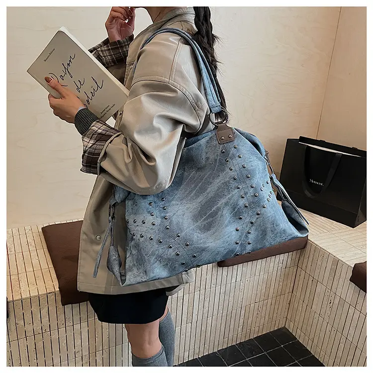 Women's Blue Rivet Tote Bag Large Capacity Shoulder Handbag — feature 14