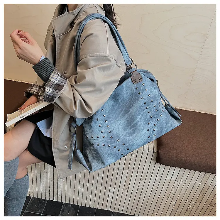 Women's Blue Rivet Tote Bag Large Capacity Shoulder Handbag — feature 15