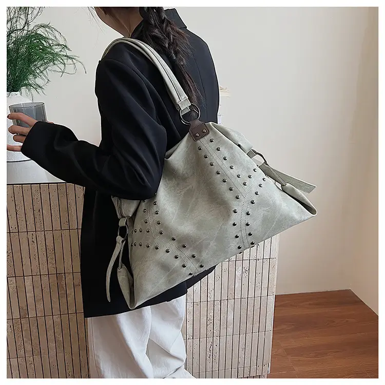 Women's Blue Rivet Tote Bag Large Capacity Shoulder Handbag — feature 25