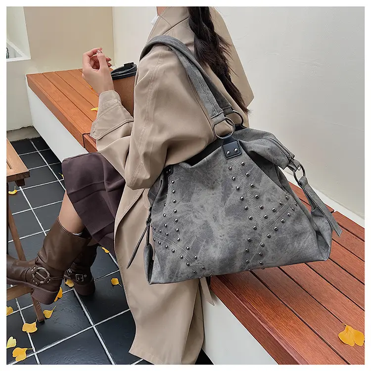 Women's Blue Rivet Tote Bag Large Capacity Shoulder Handbag — feature 26